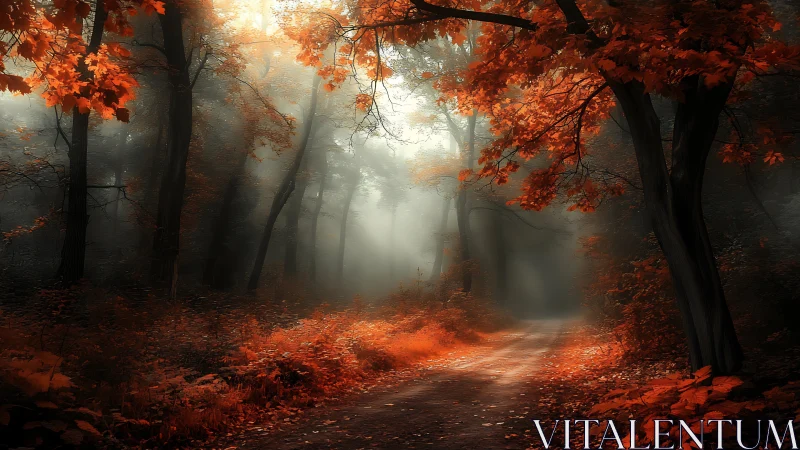 Misty Autumn Forest Path: Atmospheric Landscape with Golden Foliage.