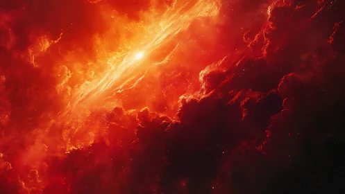 Cosmic ember storm swirling through a glowing red nebula.