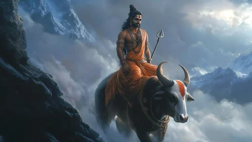 Mystic ascetic riding sacred bull through storm clouds.