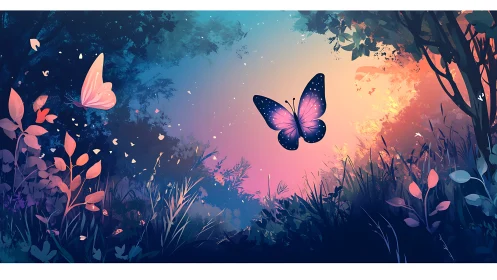 Moonlit butterflies trade secrets in a neon-tinted forest dusk