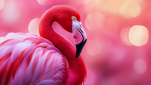 Vibrant Flamingo Portrait with Soft Pink Bokeh Background.