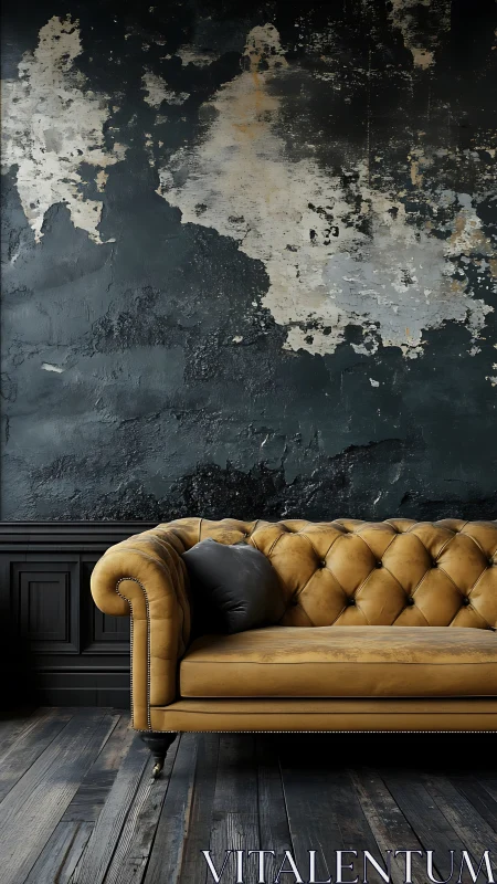 Leather sofa in front of distressed dark textured wall.