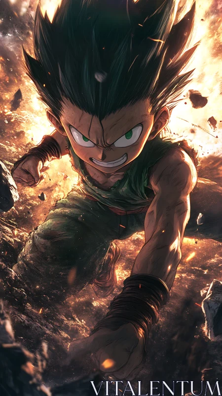Determined anime hero charging through blazing rubble.