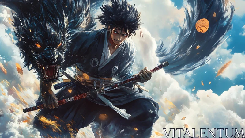 Dynamic samurai warrior channels spectral wolf amid turbulent sky