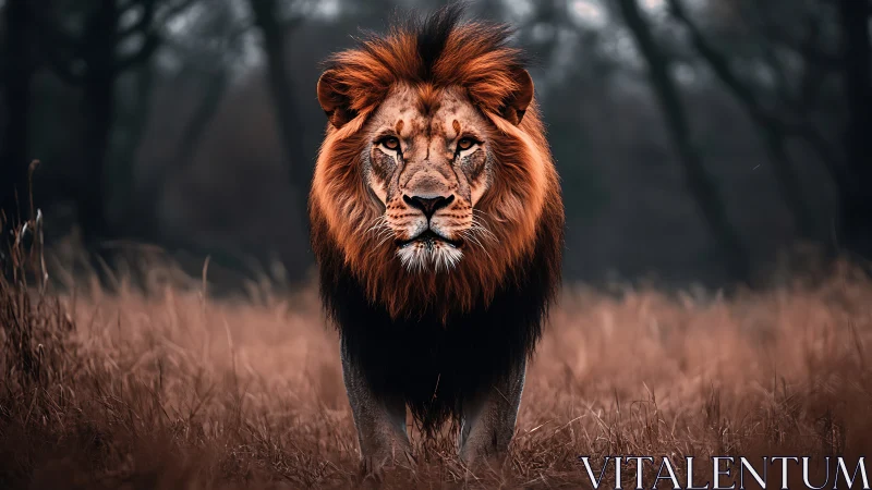 Storm-maned lion strides through ember grass at dusk.