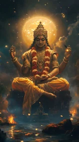 Solar halo crowns serene four-armed deity in molten twilight