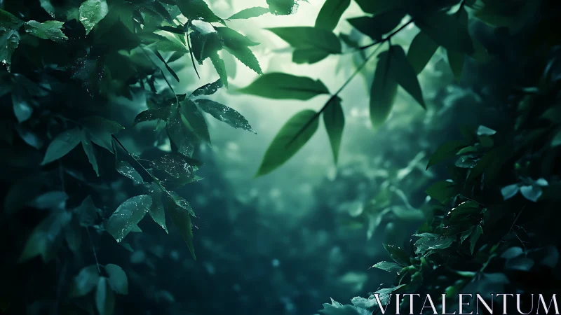 Volumetric backlit foliage corridor with atmospheric diffusion.
