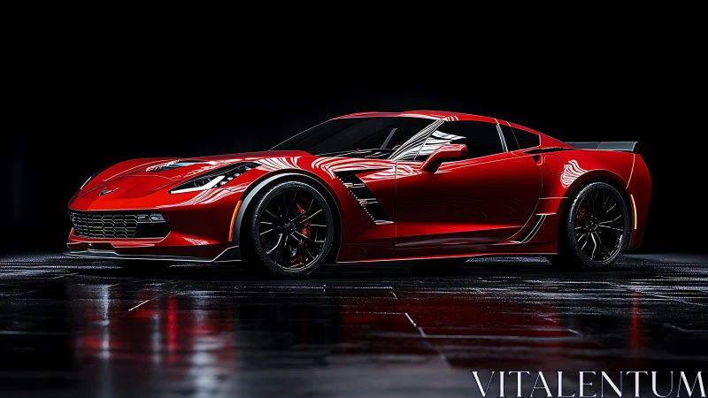 Red sports coupe is rendered on reflective wet studio surface