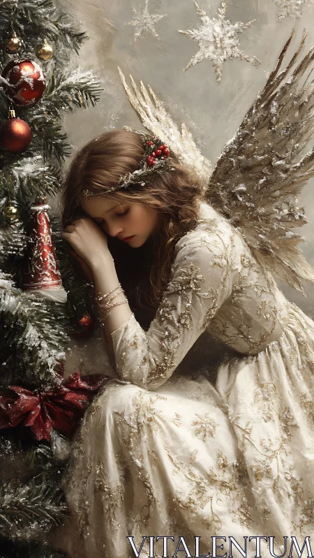 Snow-dusted Christmas angel beside illuminated fir tree.