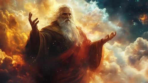 Elderly robed figure in luminous cosmic cloud environment.