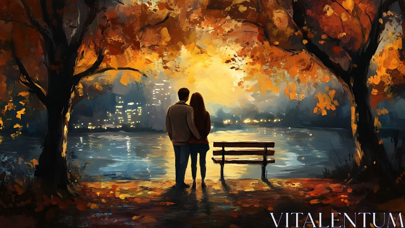 Couple Standing Together on Autumn Riverbank at Dusk.