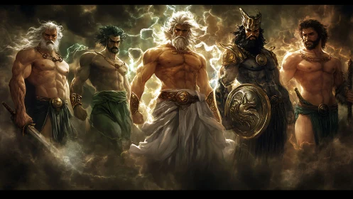 Five armored mythic male figures stand in stormlit formation