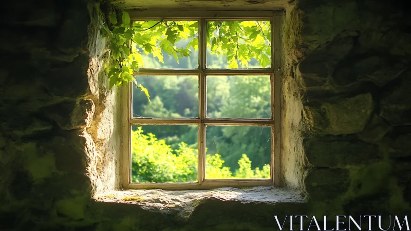 Rustic stone window with leafy vines and sunlit forest view.