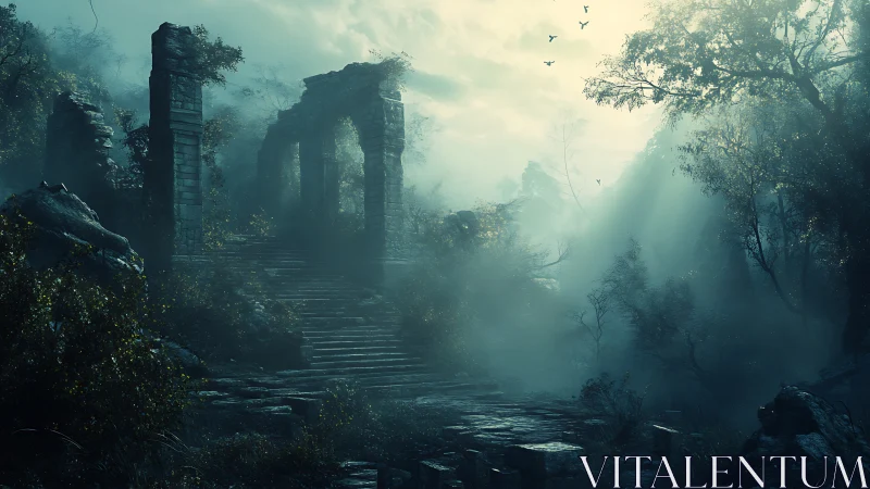 Mystic stone ruins in misty forest with dramatic sunrays.