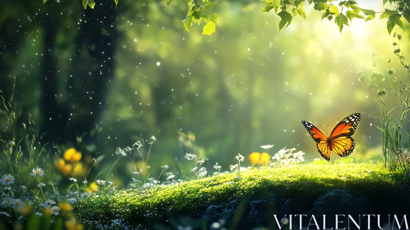 Monarch Butterfly in Sunlit Forest Glade, Dreamy Nature Scene.