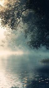 Mist-covered forest lake with overhanging foliage at dawn.