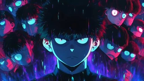 Psychic teen engulfed by neon psychic clones, intense gaze.