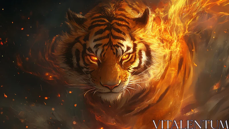 Firelit tiger spirit emerging through swirling embers.