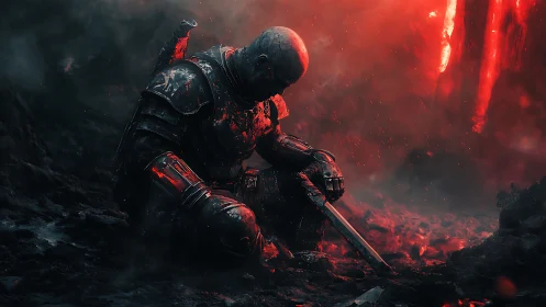 Exhausted crimson knight kneels where the battlefield still burns