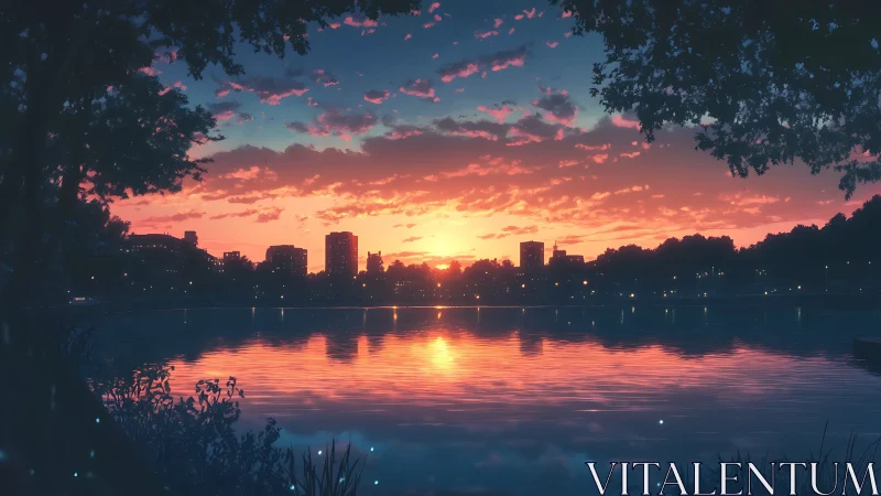 Gentle city sunset glows over a calm lakeside reflection