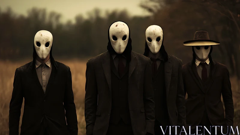 Masked figures in suits stand in eerie autumn field at dusk.