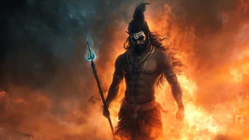 Fire clad warrior god strides through blazing inferno.