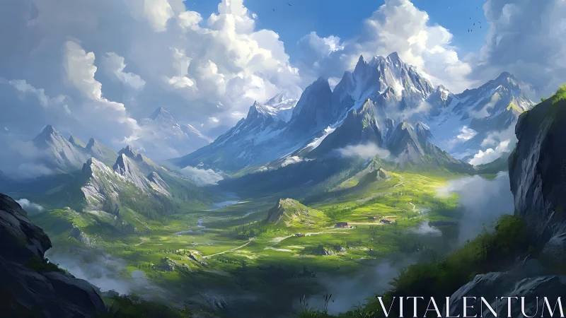 Sunlit alpine valley opens beneath towering snow peaks