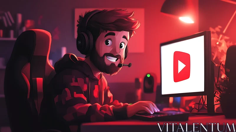 Night-owl streamer glowing in neon red YouTube lair.