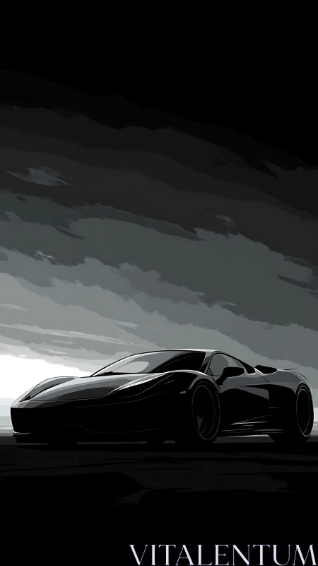Sleek black supercar waits under brooding storm clouds.