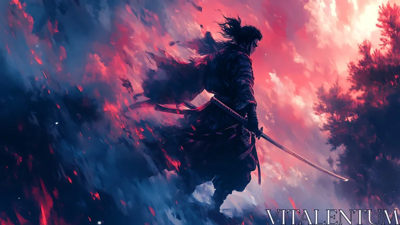 Digital painting of lone samurai silhouette in stormy skyscape.