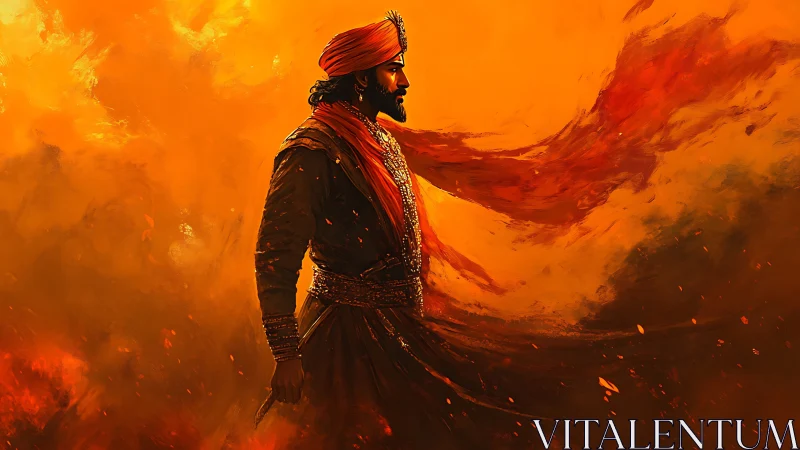 Ember-robed warrior strides through a roaring saffron storm