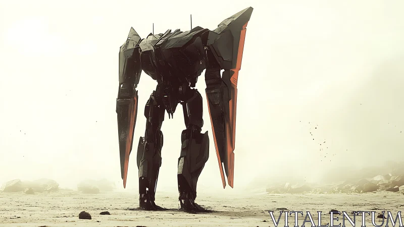 Colossal desert mech standing in glaring wasteland haze.