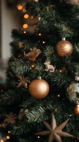 Warm golden ornaments glow softly on a festive Christmas tree