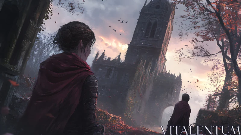 Cloaked figures observe ruined tower in autumn dusk.