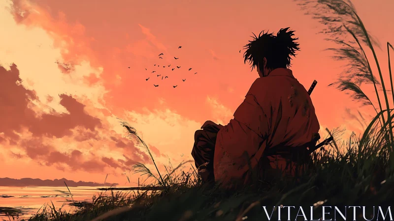 Lone samurai watches sunset sky beside quiet shoreline.