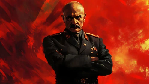 Military officer portrait against intense red backdrop.