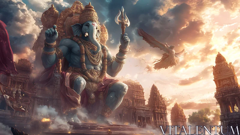 Colossal Ganesh deity above detailed temple complex.