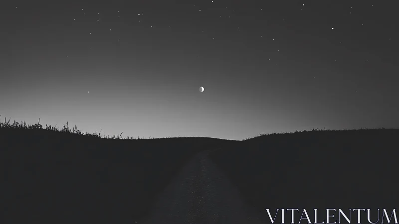Crescent moon over silhouetted hill with star-dotted night sky.