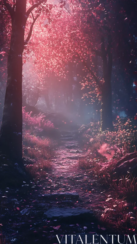 Forest pathway with pink atmospheric lighting and foliage