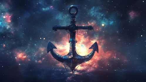 Stellar nebula backdrop framing rusted maritime anchor silhouette