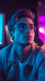 Neon-lit young man in glasses under soft cyan magenta lighting