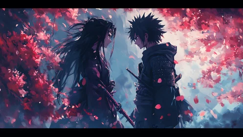 Samurai duelists confront under dynamic sakura foliage contrast