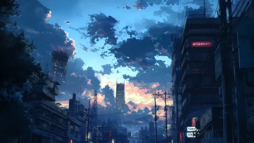 Dense urban street under dramatic dusk sky with towers