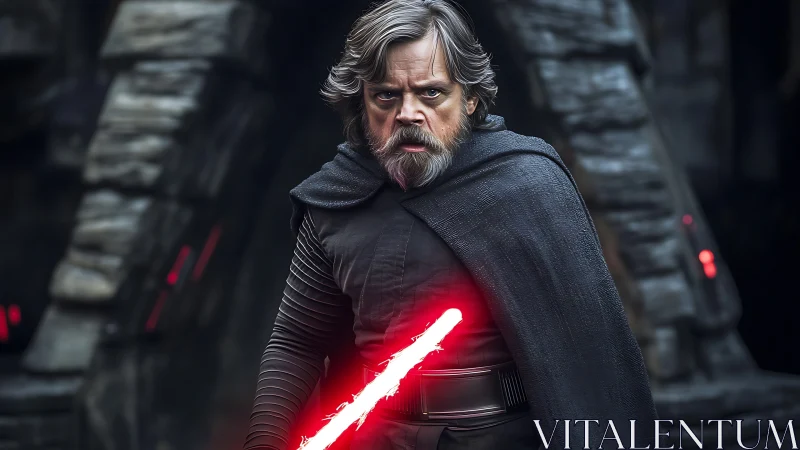 Bearded cloaked warrior holds energized red plasma sword in ruins