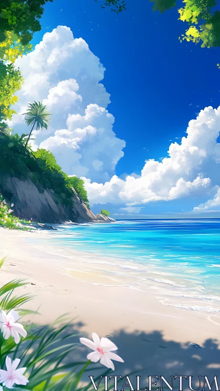 Tropical Coastal Cliff with Azure Waters and Volumetric Clouds.