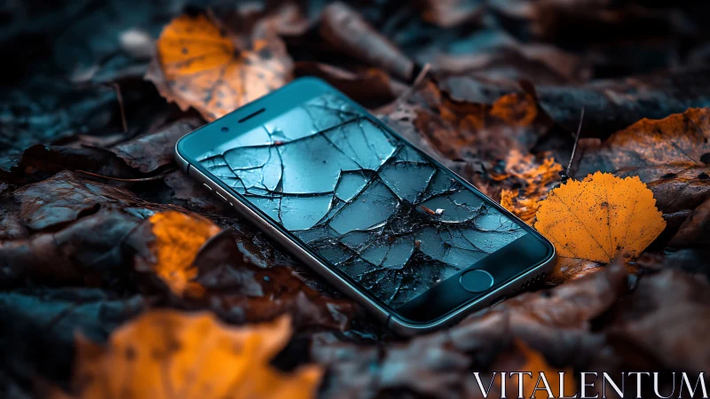 Shattered phone rests quietly among soft autumn leaves
