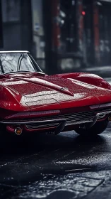 Hydrophobic gloss on red classic roadster in wet urban alley.