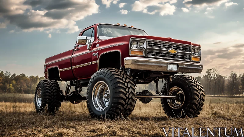 Lifted classic Chevy truck dominating autumn field at dusk.