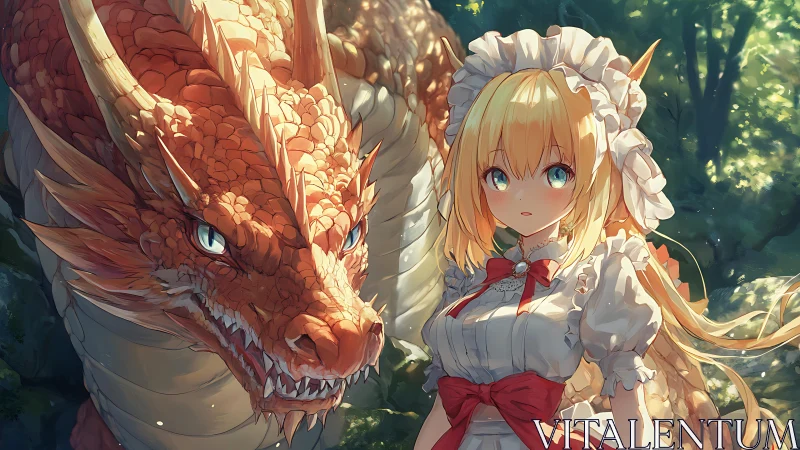 Dragon and maid in sunlit forest rendered as detailed anime tableau