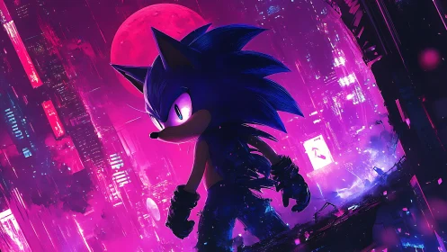 Neon city sprint with a bold electric blue hedgehog hero.